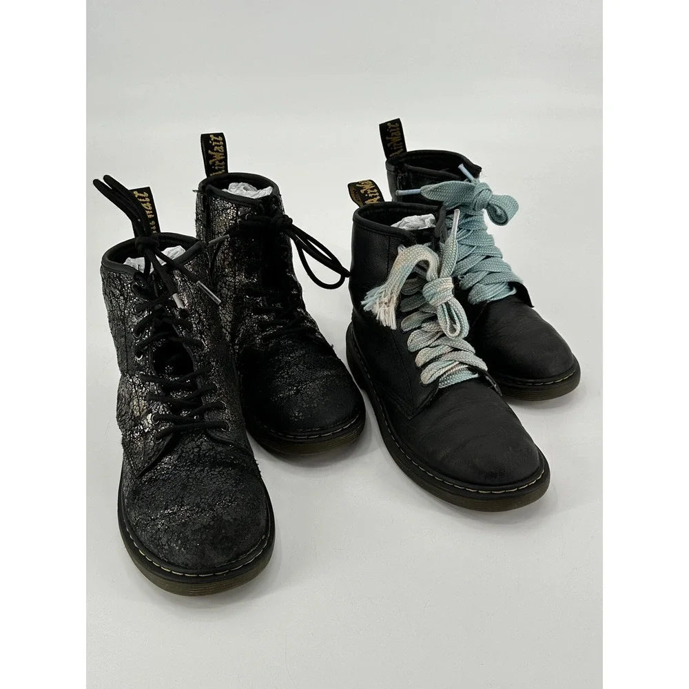 Lot of 2 Dr Martens 1460J Black Leather & Metallic Mid Combat Boot Junior Size 3